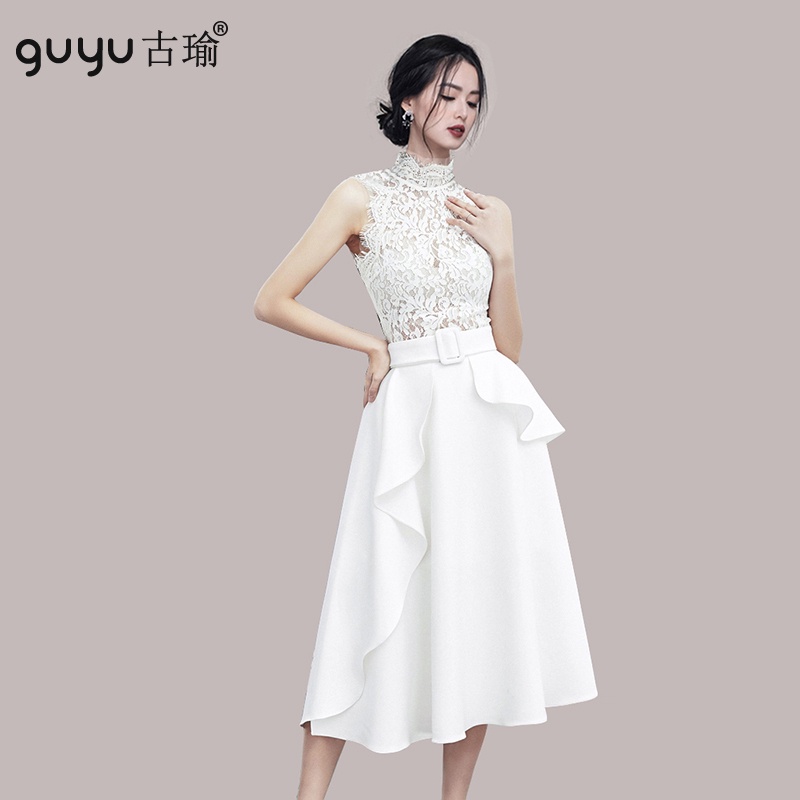 無袖法式洋裝 S-XL 附腰帶 蕾絲拼接白色長洋裝 收腰大擺連衣裙 長禮服