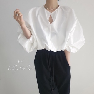 【Elly.Studio】❤️現貨❤️歐膩短版燈籠袖上衣(黑/白/藍)氣質減齡寬鬆衫