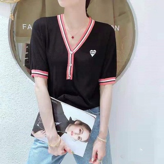 愛依依 上衣 針織T卹 新款門襟三粒扣拼色夏季V領短袖針織衫愛心字母薄款T卹ME044-4275.