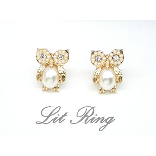 【Lit Ring】珍珠貓頭鷹鑲水鑽耳環。 金色 氣質 橢圓形 圓形 小珍珠 閃亮 水鑽 耳針 耳飾 耳環 飾品 首飾