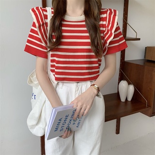 條紋T恤女針織衫夏季新款洋氣設計拼接寬鬆顯瘦圓領上衣
