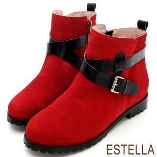 ESTELLA-全真皮釦環交叉皮帶短靴-紅