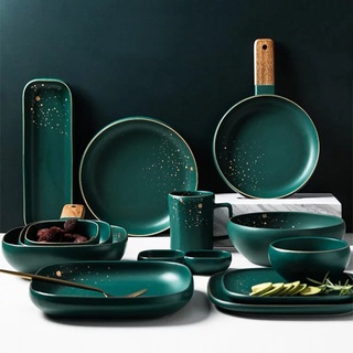 【Lily35Home】綠野星空金邊 餐盤 湯盤 深盤 湯碗 碗 水果盤 結婚禮物 盤子 圓盤 餐具 碗盤組 碗盤器皿