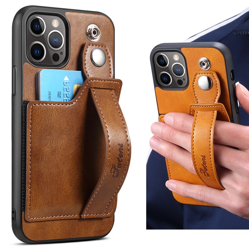 適用於 iPhone 15 Pro Max 14 Plus 13 12 mini 11 腕帶和信用卡口袋後殼的豪華 PU