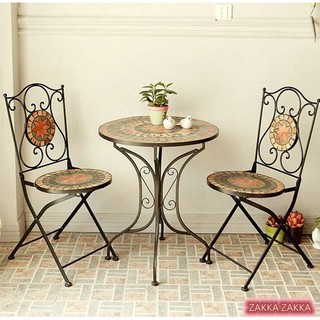 [HOME] 馬賽克桌椅組 1桌2椅 黑色 歐式風格 桌子 椅子 休閒桌 庭園 陽台 咖啡廳