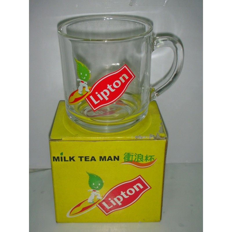 aaL皮商旋.(特色玻璃馬克杯)全新附盒Lipton立頓-MILK TEA MAN衝浪杯值得收藏!