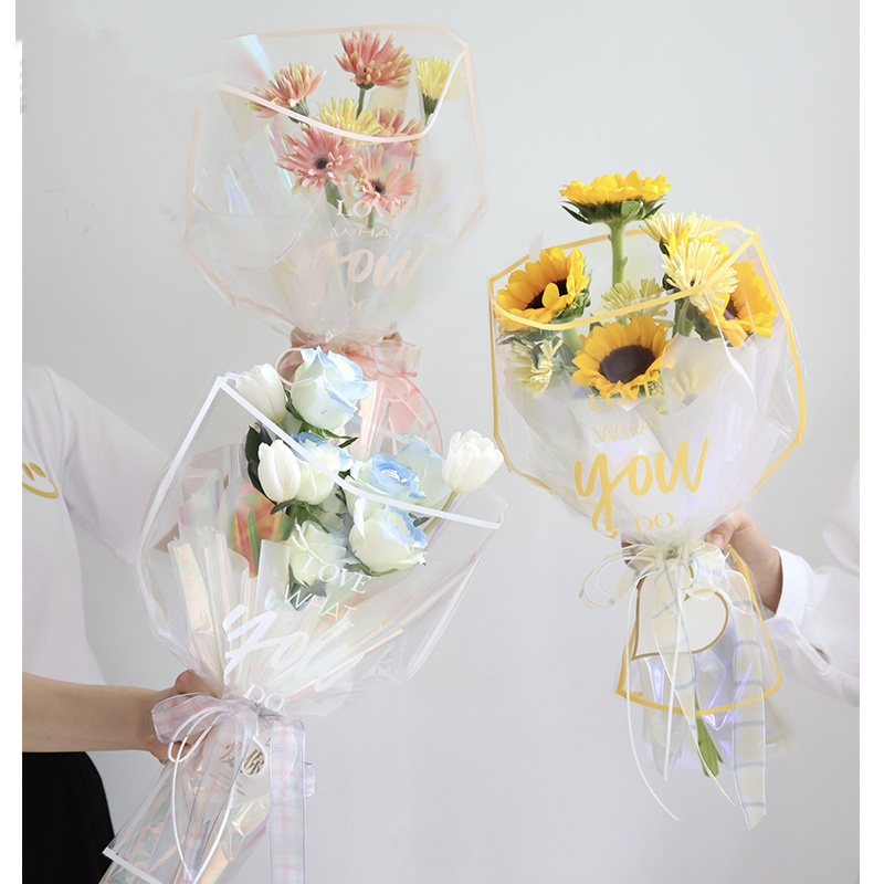 客製 【鮮花包裝】 時尚英文 異形 多支袋 簡約 透明 小花束 包裝袋 多枝 玫瑰花花袋 鮮花材料