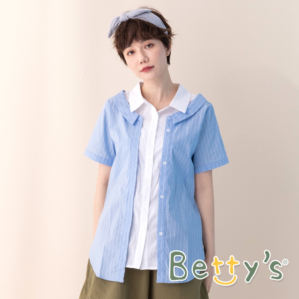 betty’s貝蒂思(11)假兩件條紋拼接襯衫 (淺藍)