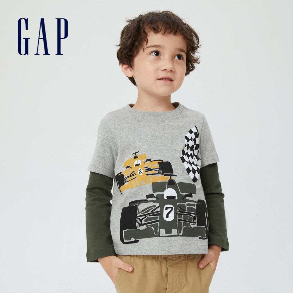 Gap 男幼童裝 純棉假兩件印花長袖T恤-灰色(451210)