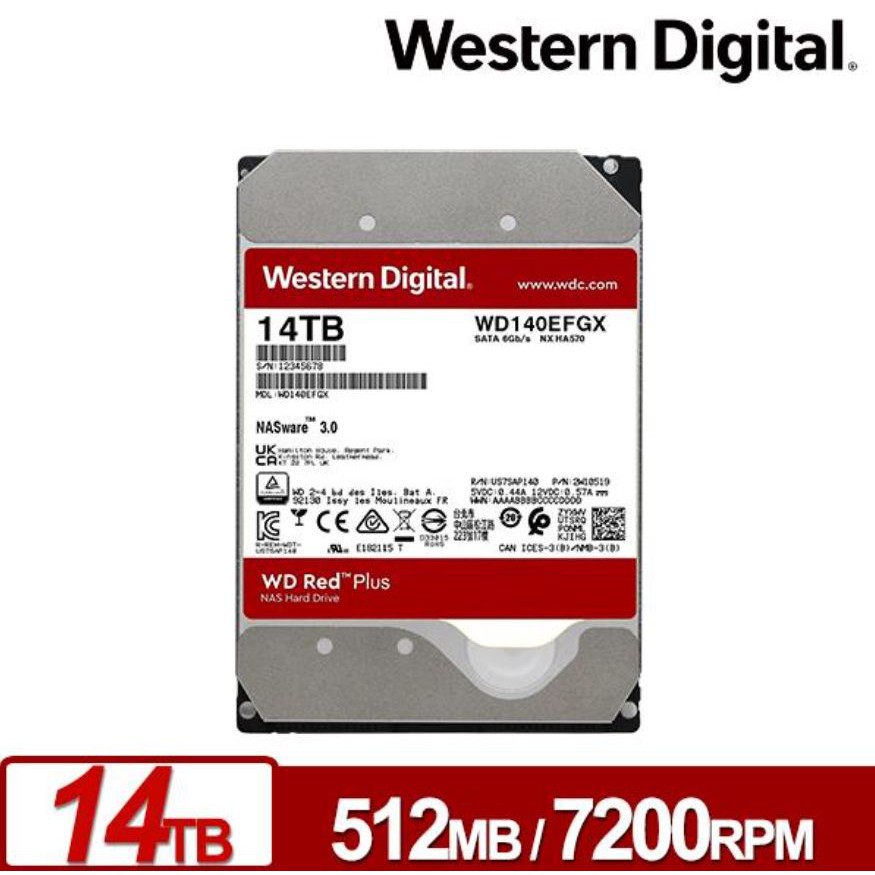 【現貨】WD 紅標Plus 14TB 3.5吋NAS硬碟 盒裝公司貨 WD140EFGX