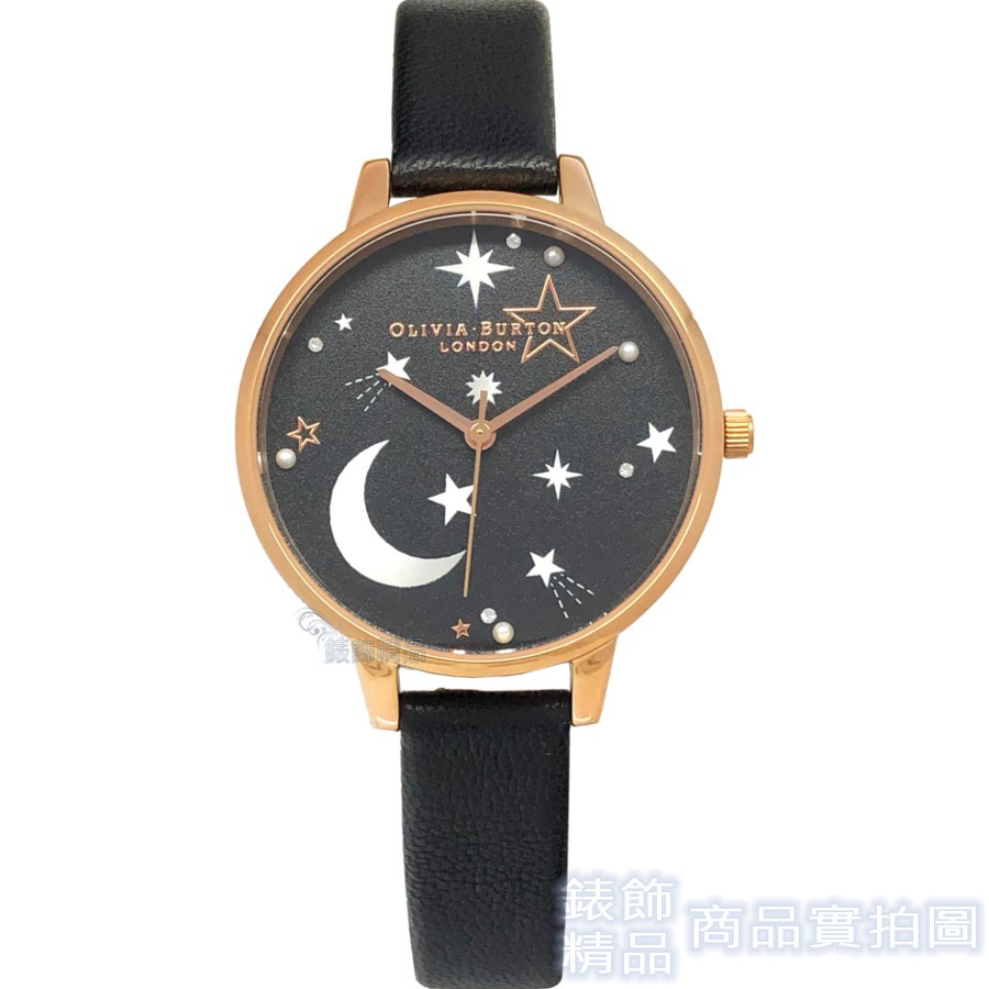OLIVIA BURTON OB16GSET40手錶 滿天星斗黑皮帶 許願流星穿式純銀 耳環 女錶 石英錶【澄緻精品】