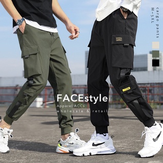 FACEstyle【3色.加大尺寸.台灣出貨】掀蓋大口袋織帶飄帶工風縮口長褲.寬鬆工作褲.多口袋長褲.休閒褲 「K15」
