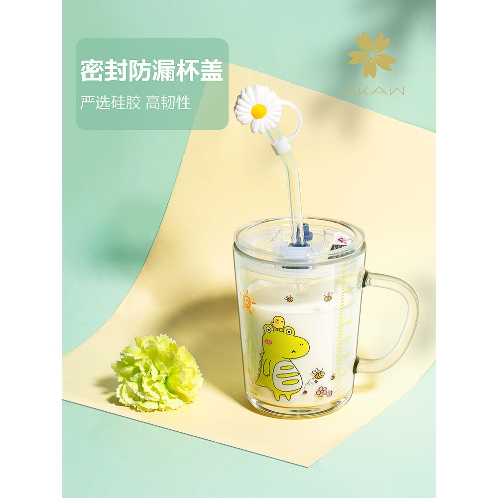 台灣熱銷/爆款日本AKAW玻璃杯家用兒童水杯吸管杯子女可愛刻度牛奶早餐咖啡茶杯