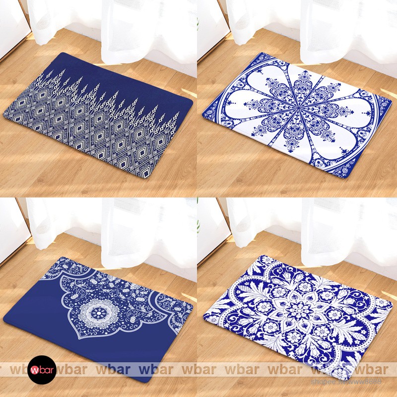 Wbar 歐式藍色唐草法蘭絨毛踏墊青花瓷圖騰地墊唐草花紋地墊防滑地墊臥室地毯浴室吸水踏墊腳踏墊 蝦皮購物