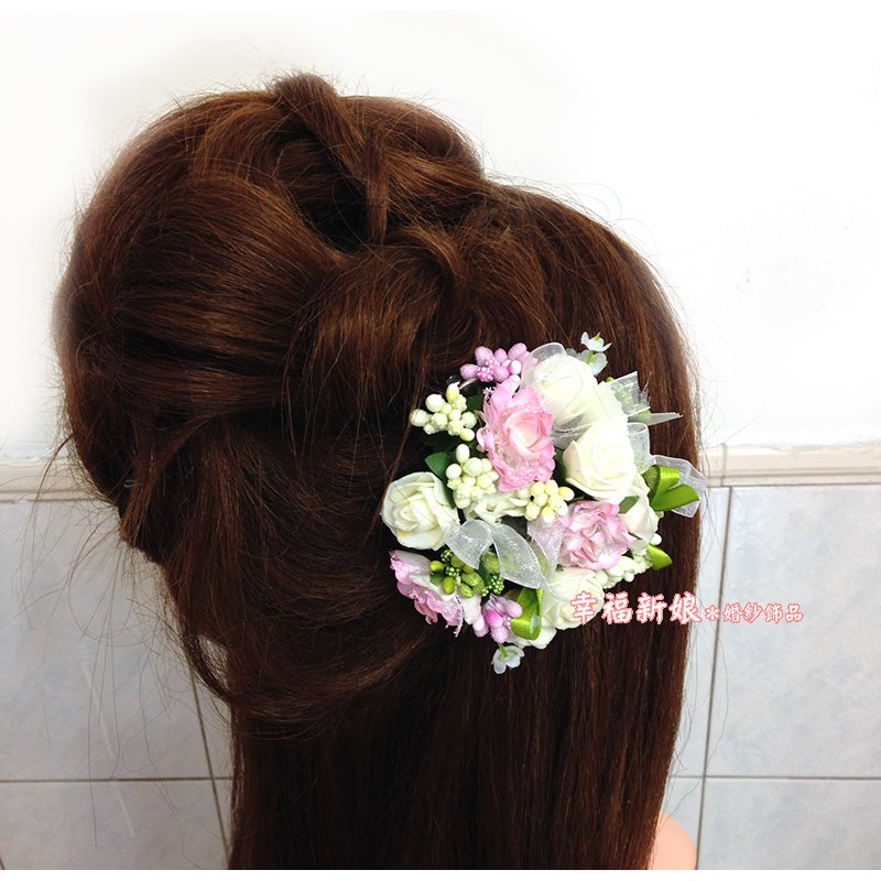 森林系仿真花果葉緞帶頭花頭飾可彎 新娘婚拍 寫真拍照 現貨 米白粉色系