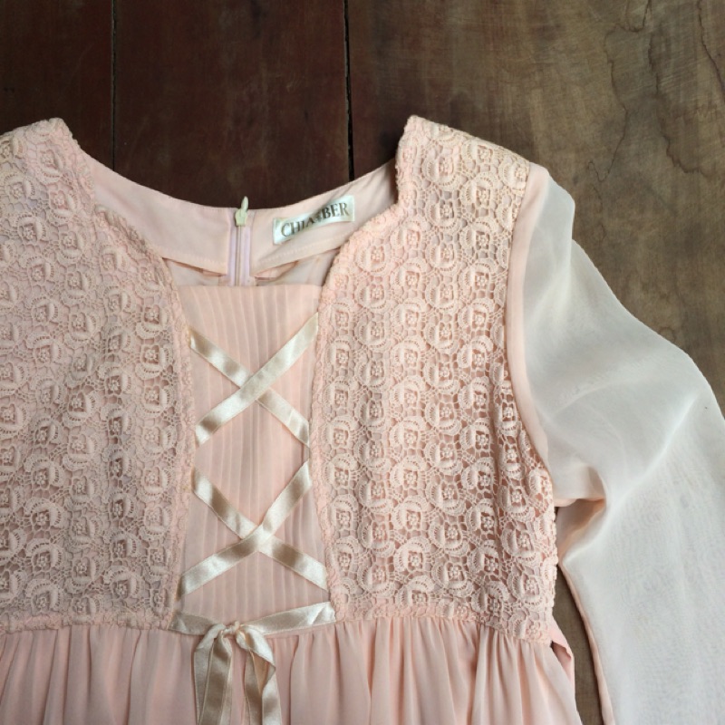 （客訂）粉色夢幻公主雙層紗洋裝/腰間綁帶/二手禮服 輕婚紗 #vintage古著莞洱