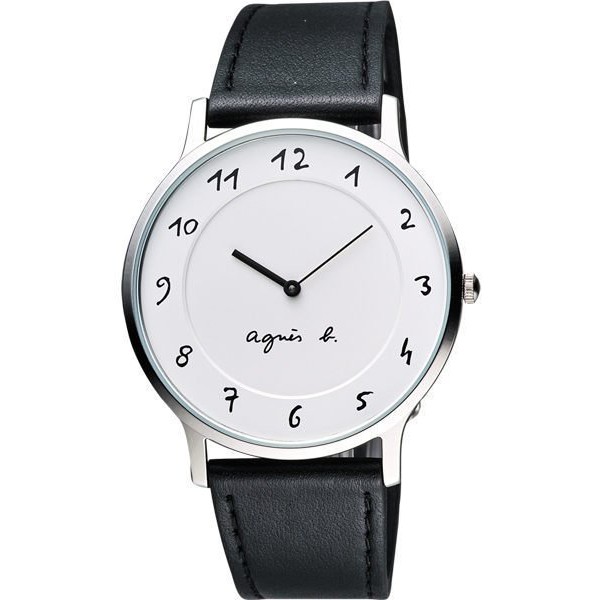 agnes b. 法國時尚經典中性腕錶-白面/黑皮帶 VJ20-K240LB(BJ5004X1)
