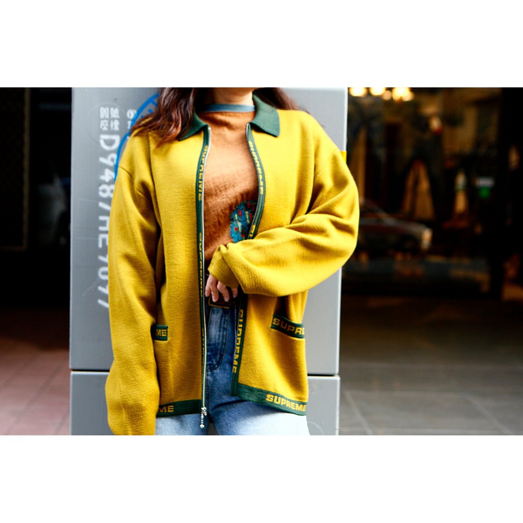 Supreme 2021春夏 羊毛 Polo 拉鍊 針織衫 Logo 撞色 黃綠 外套