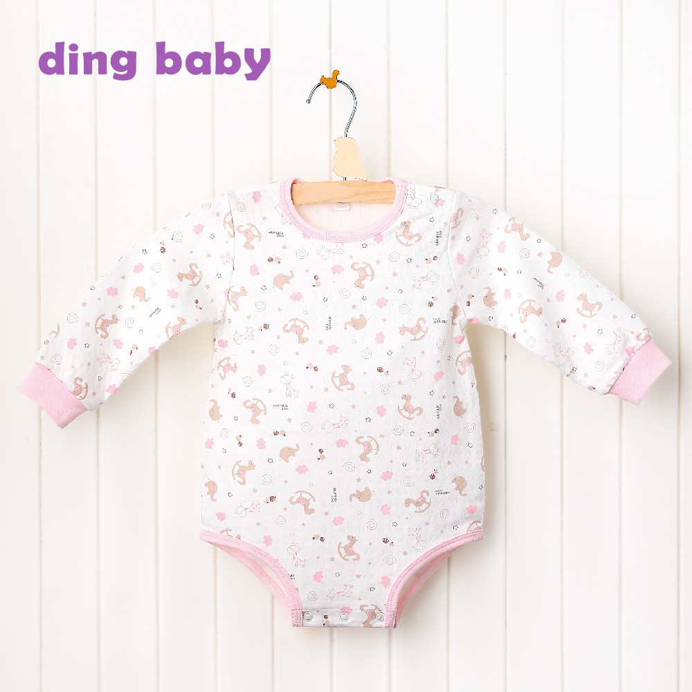 【ding baby】MIT台灣製 歡樂木馬肩開長袖包屁衣-粉(60-80cm) 台灣製造 小丁婦幼
