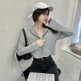 薄外套 外套女生 短版外套 純色高腰短款連帽衛衣女韓版薄款拉鏈開衫外套 學生長袖衛衣