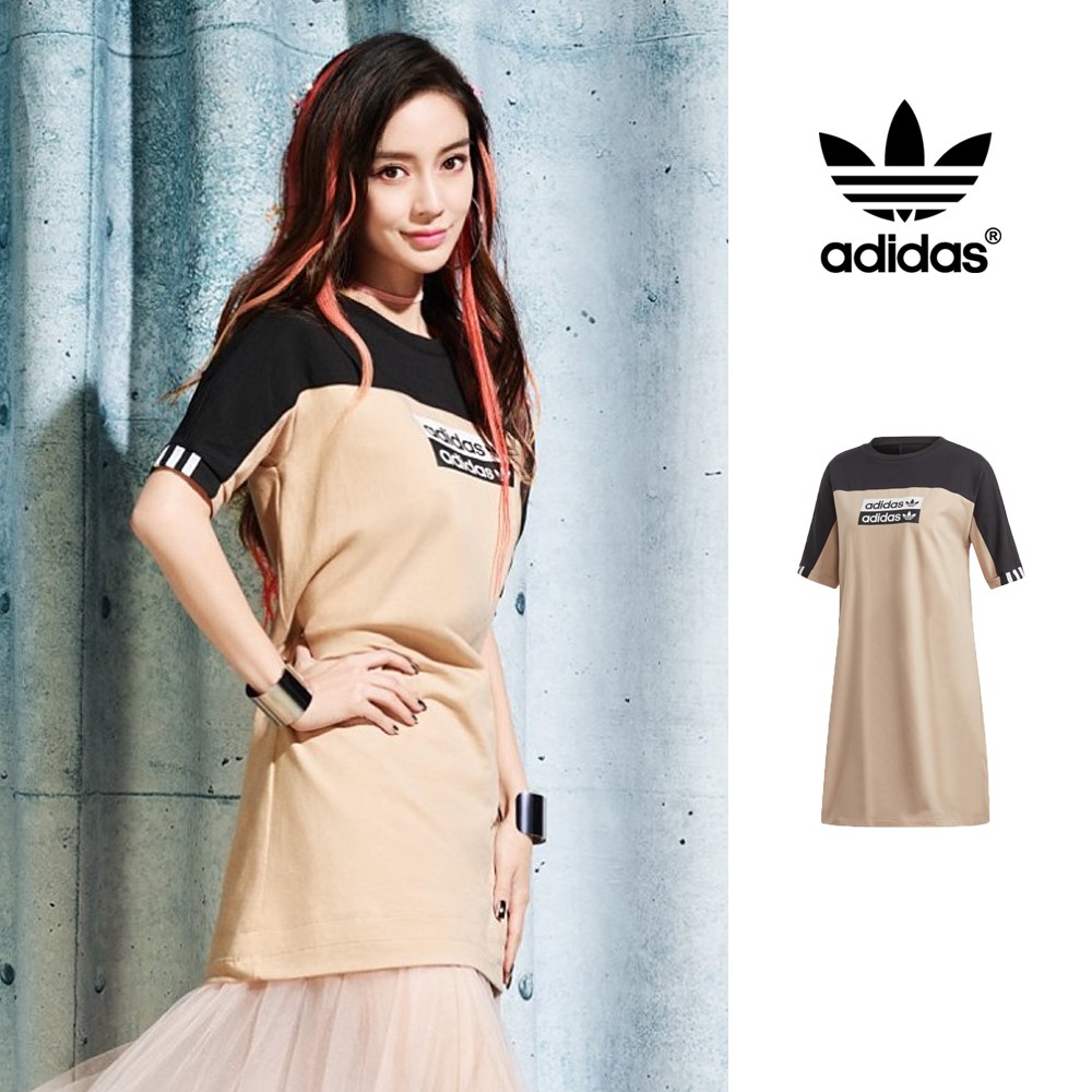 Adidas Originals 粉洋裝女款楊穎純棉運動休閒短袖長版連身裙三葉草EC0774 | 蝦皮購物