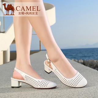 CAMEL駱駝女鞋夏季時尚優雅真皮中跟包頭涼鞋