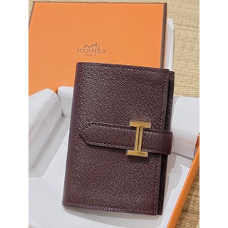 全新愛馬仕 Hermes Bearn mini 酒紅短夾(金扣)