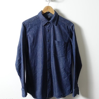 日本品牌 UNIQLO 藍色仿舊 純棉 長袖襯衫 M號
