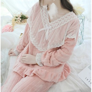 秋季韓版法蘭絨睡衣女蕾絲花邊珊瑚絨加厚甜美可愛公主家居服套裝