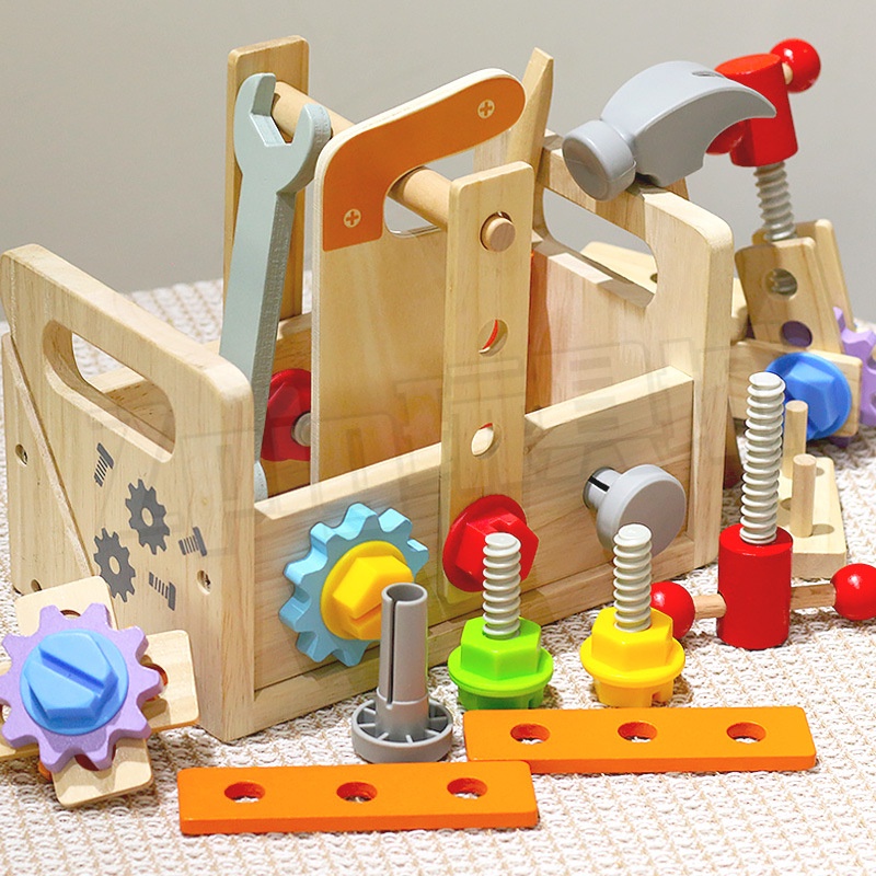 Zpig 手提工具箱 木製工具籃 木製裝拆裝工具臺 創意形狀拼圖 動手能力提升 過家家玩具 工具箱玩具 組裝玩具 擰螺絲