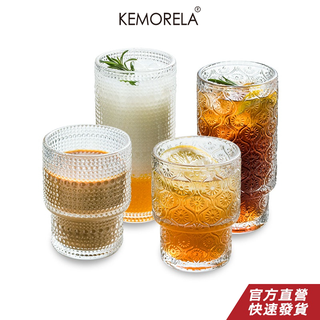 KEMORELA 海棠花復古玻璃杯 浮雕疊疊杯 玻璃杯 透明水 杯冰美式咖啡杯 氣泡水杯 果汁杯