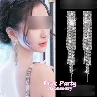 【耳針耳夾】韓國飾品 精緻璀璨超閃長條水鑽滿鑽流蘇耳針耳環 耳夾 夾式耳環 新娘秘書 PinkParty❤韓系飾品