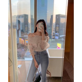 🇰🇷Korea韓國連線·正韓 氣質仙女ㄧ字領網紗上衣 ㄧ字領上衣 紗網 泡泡袖 露肩 氣質 blouse 韓國代購