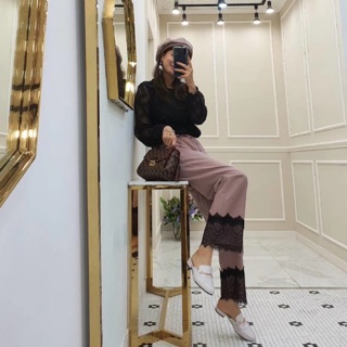 現貨粉🎀韓國代購女裝💟正韓人氣歐尼店家Hi-jini彈性鬆緊腰綁帶顯瘦質感拼接蕾絲長寬褲闊腿褲