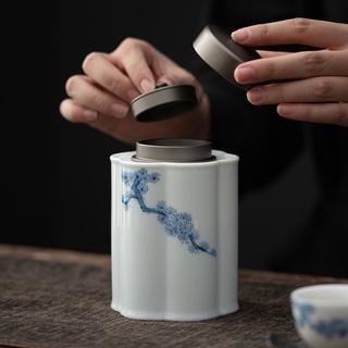 瑞陶陶瓷特賣純手繪松風茶葉罐家用日式防潮罐白瓷雙層蓋密封罐茶葉陶瓷存儲罐