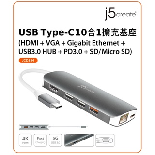 ❤️富田 j5create USB3.1 Type-C 10合1 HDMI/VGA螢幕4K顯示多功能集線器 JCD384