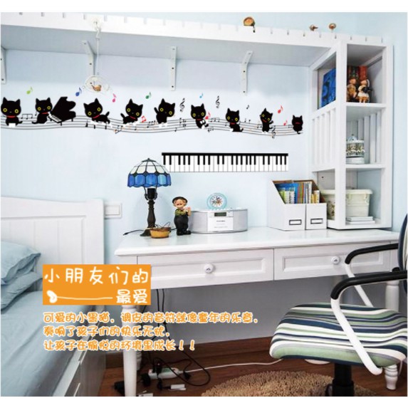 🍒現貨～超取🍒超Ｑ 可愛鋼琴鍵貓咪🎹 創意壁貼 可愛時尚組 貓貓 鋼琴 房間客廳佈置 裝置藝術🍄重複撕貼 PVC