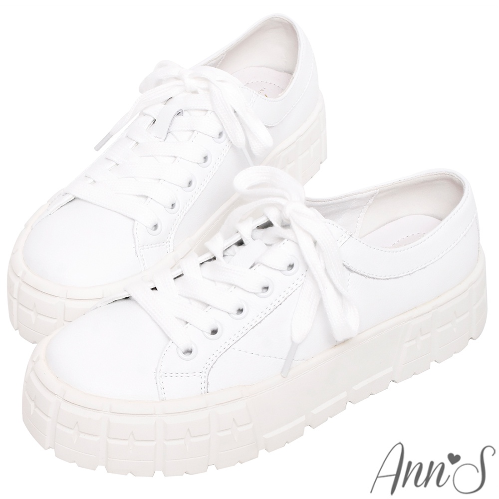 Ann’S活力販賣機-全真皮牛皮綁帶積木厚底小白鞋-4cm-白