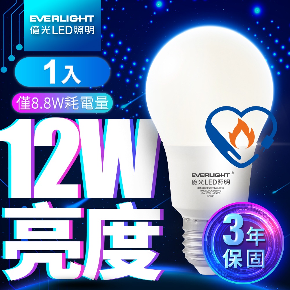 【EVERLIGHT億光】1入組 8.8W 超節能plus LED燈泡 節能標章 3年保固(自然光)