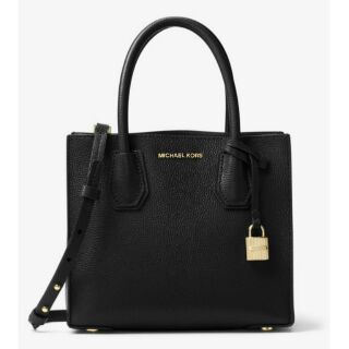 Michael Kors MK Mercer專櫃款時尚黑中款荔枝紋真皮鎖頭斜背包托特包(在美