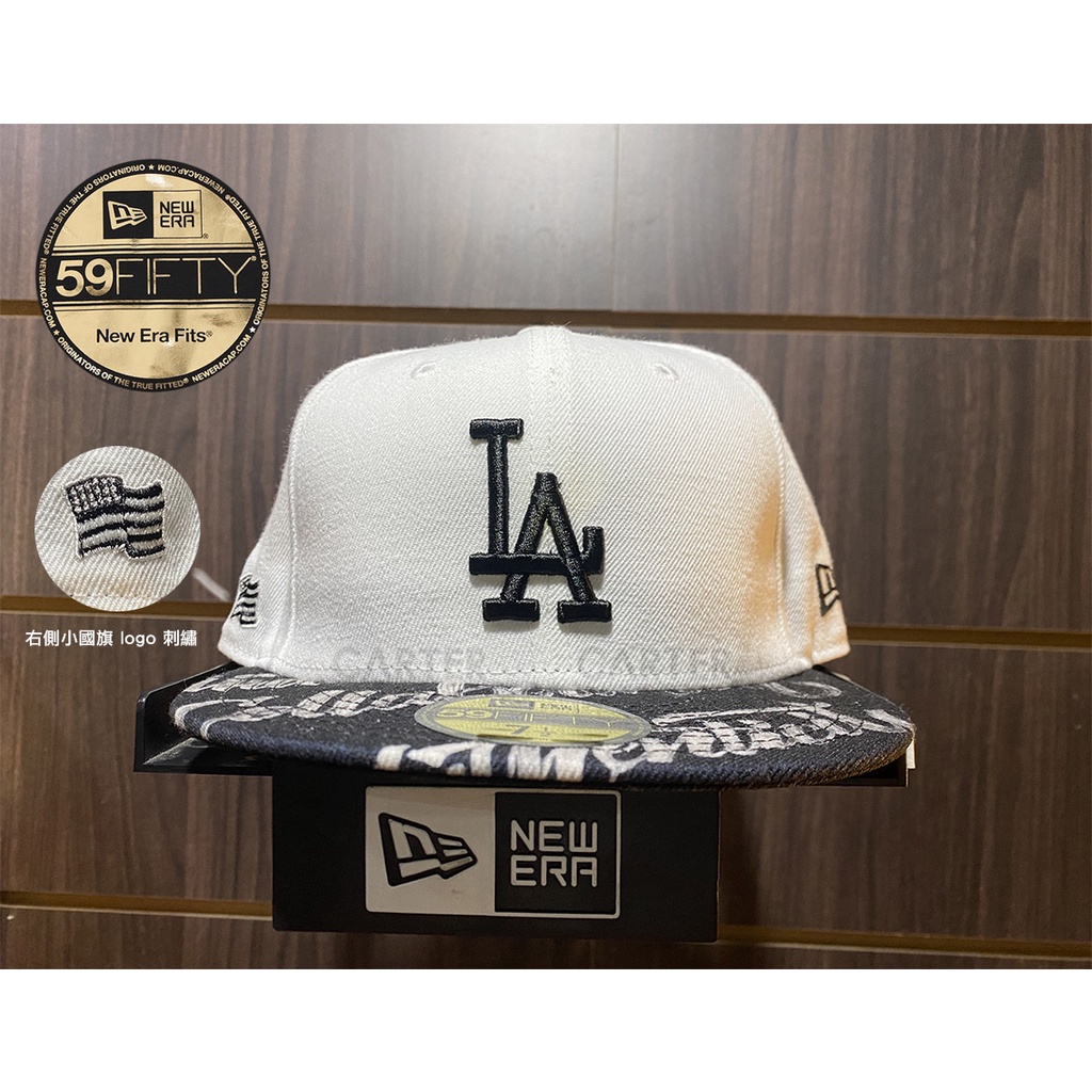 New Era x MLB LA Dodgers 59Fifty 美國大聯盟洛杉磯道奇白底黑帽眉印刷右側小國旗全封帽