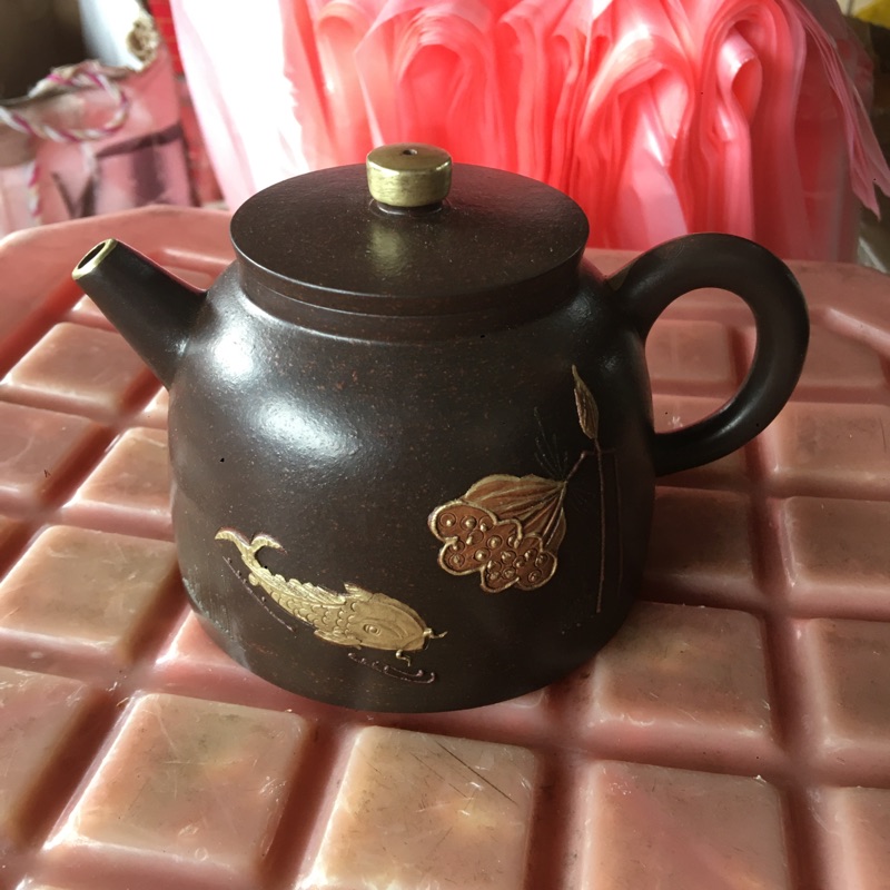 早期精美收藏黑金剛泥鎏金茶壺