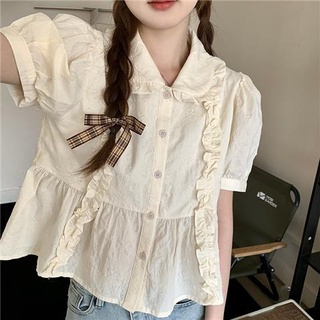 學院風韓版甜美百搭減齡木耳邊娃娃領短袖學生襯衫女上衣2022新款
