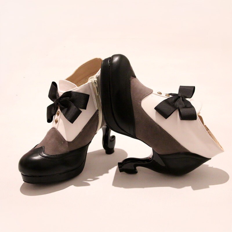 鞋子 黑執事lolita復古桌角跟蝴蝶結拼色加絨短靴百搭裸靴 蝦皮購物