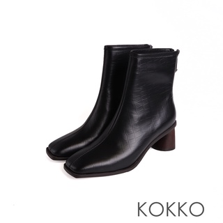 KOKKO復古方頭造特殊木紋鞋跟短靴黑色鱷魚紋皮