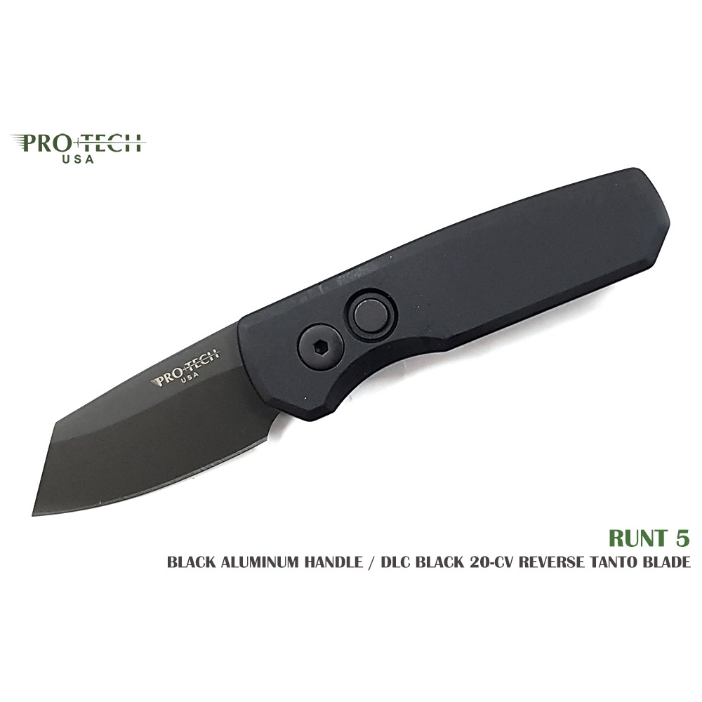 PROTECH Runt 5 黑鋁柄黑色反向Tanto刃小彈簧刀 - CPM-20CV鋼