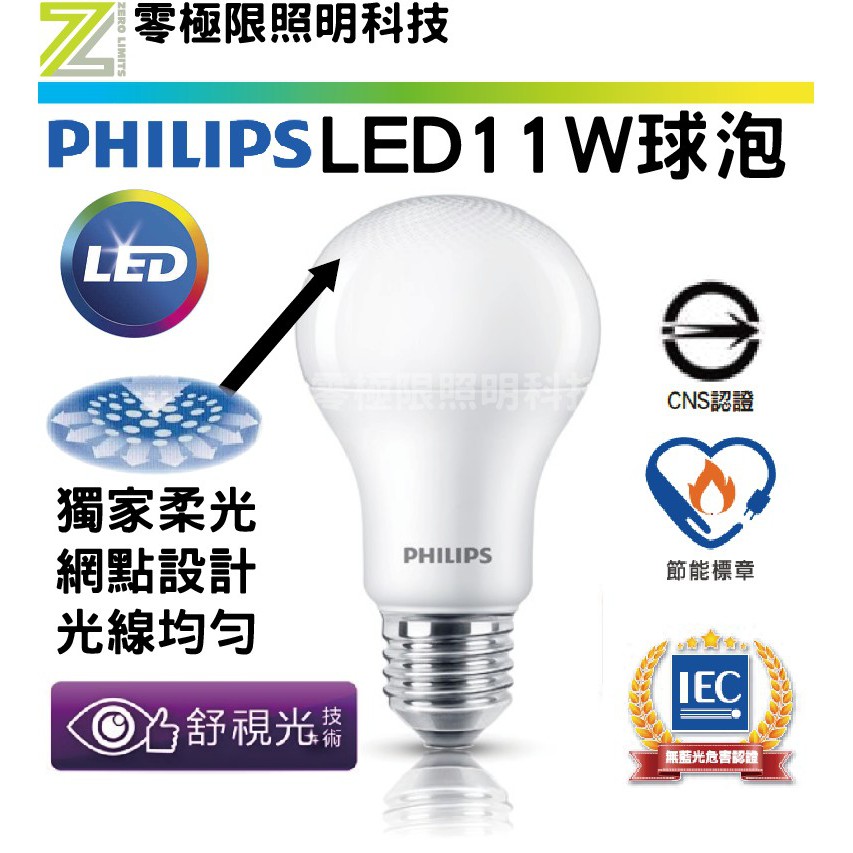 ✦附發票統編✦飛利浦新款【舒視光 LED 11W燈泡】柔光網點 球泡燈 燈泡 無藍光 低頻閃 台灣CNS認證 節能標章