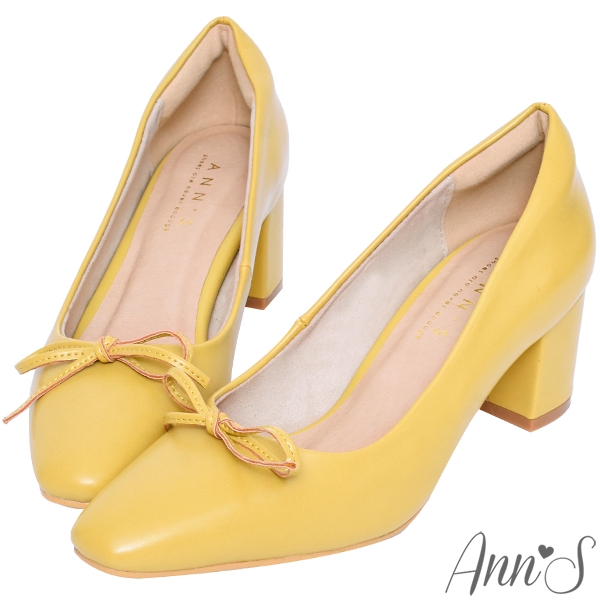 Ann’S法式優雅-油皮細緻蝴蝶結粗跟方頭跟鞋5.5cm-黃