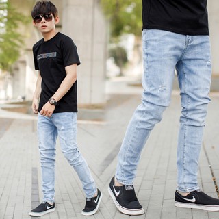 臺灣出貨 男裝【NB1005J】韓國製淺藍色小抓破合身彈性牛仔褲