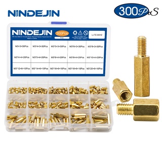NINDEJIN 300PCS單頭雙通六角銅柱螺絲盒裝陰陽隔離銅柱套裝M3各種規格螺絲